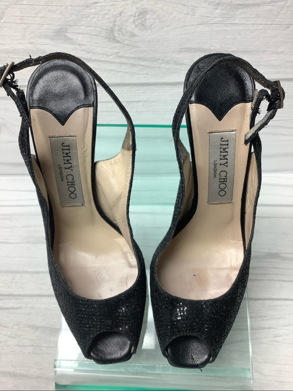 Jimmy Choo Black Glitter Peep-Toe Slingback Heels - Picture 6 of 10